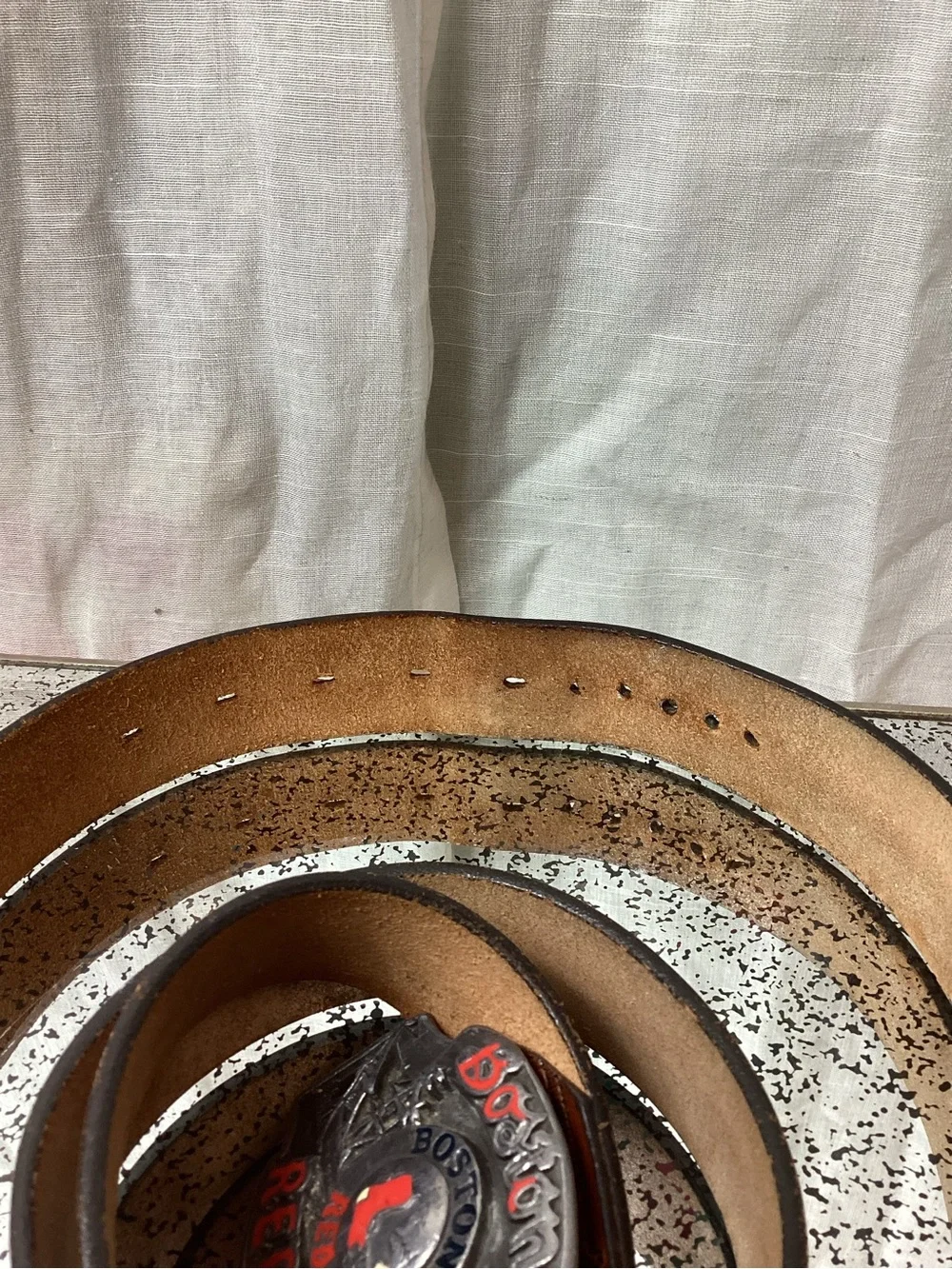 Vintage 1988 Boston Red Socks Belt Buckle with Full Grain Leather Belt; Size: 36
